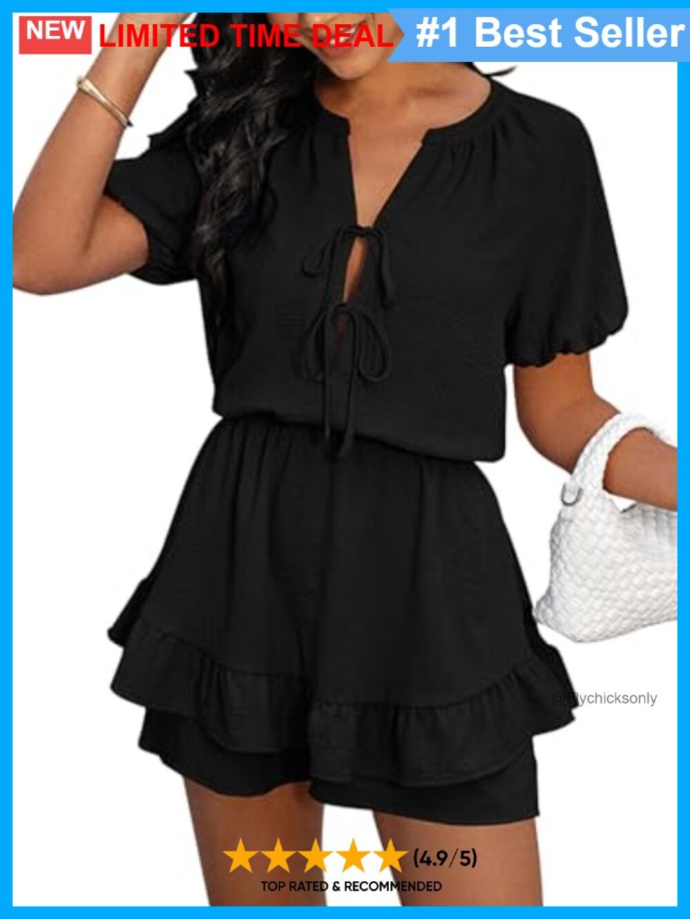 Womens Self Tie V Neck Ruffle Hem Shorts Romper Dress Pockets